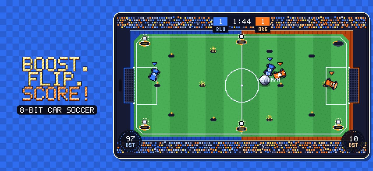 Pixel Rocket App Store screenshot showing blue and orange cars playing soccer on a grass pitch