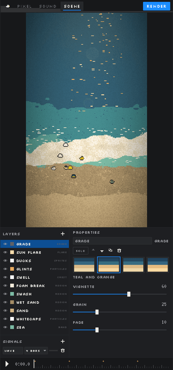 Quaxel scene editor with a pixel beach, ducks, and layers