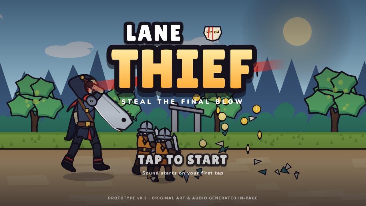 Title screen of Lane Thief, a game prototype generated by the game-prototype-bible skill