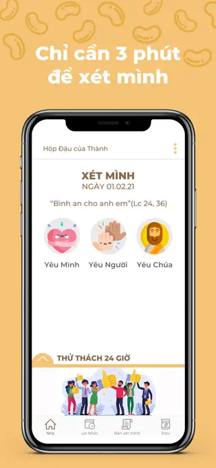 Beans daily reflection screen with self, others, and God categories and a 24-hour challenge