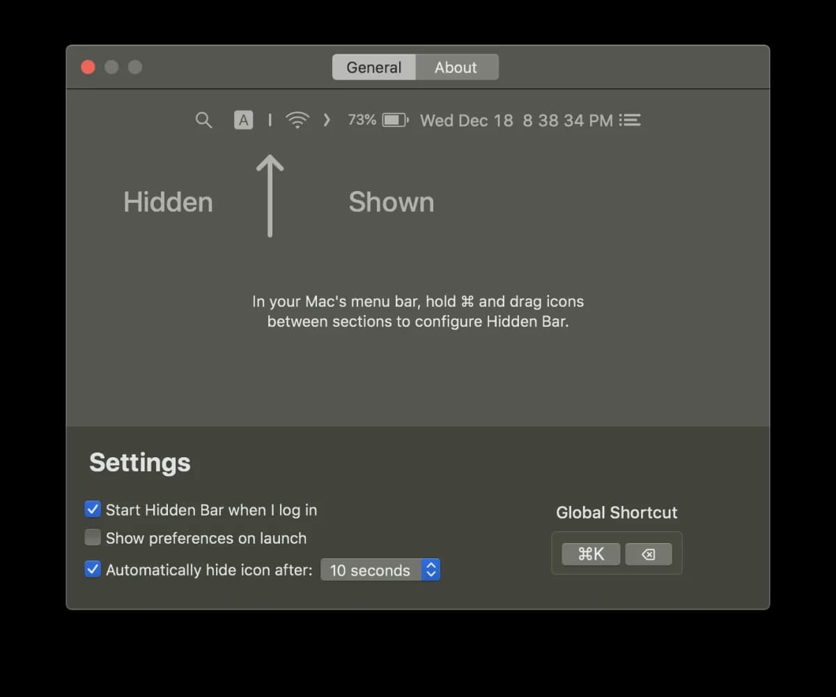 Hidden Bar preferences window showing hidden and shown menu bar sections